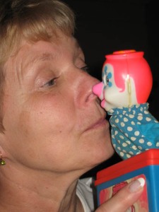 MarcyMom up close and personal with a clown/Photo Ryn Gargulinski