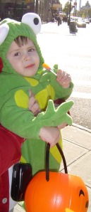 This kid's got the costume right, but tsk, tsk, he's using a plastic pumpkin/Ryn Gargulinski